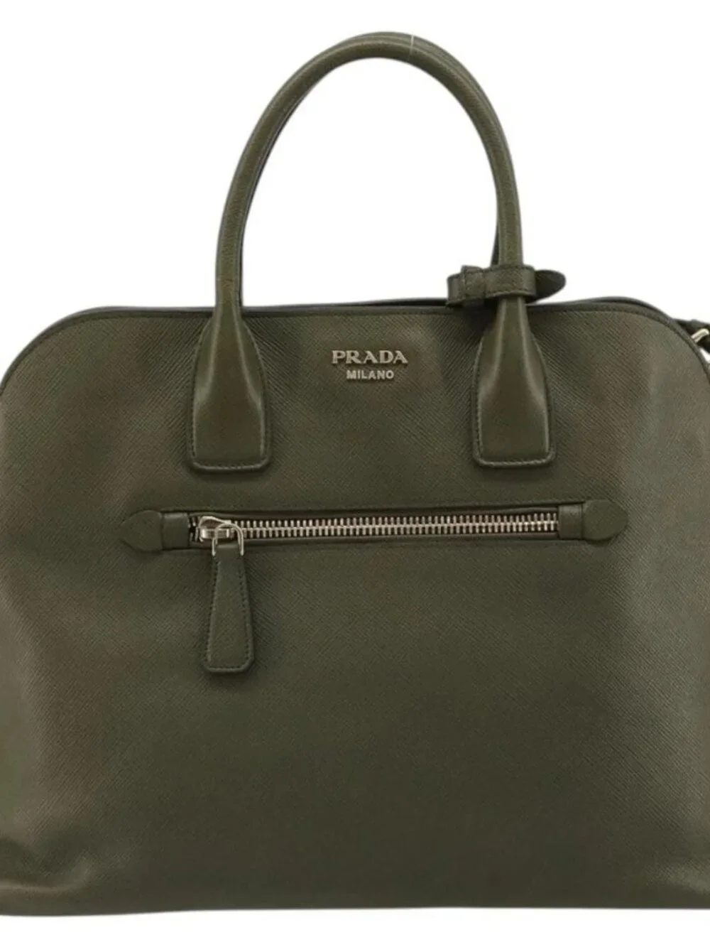 PRADA Cuir Open Promenade Satchel Bag Saffiano 2way Khaki Gold Auth